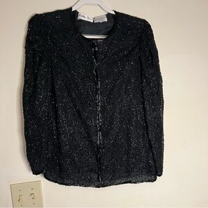 Vintage Silk heavily beaded cardigan eye hook closure Silky Nites women's Medium